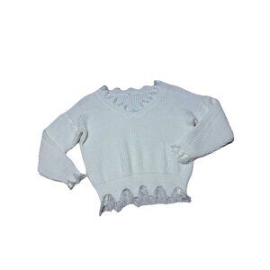 Romwe White Distressed Cropped Sweater Women’s Size Small Frayed Hem Grunge Knit